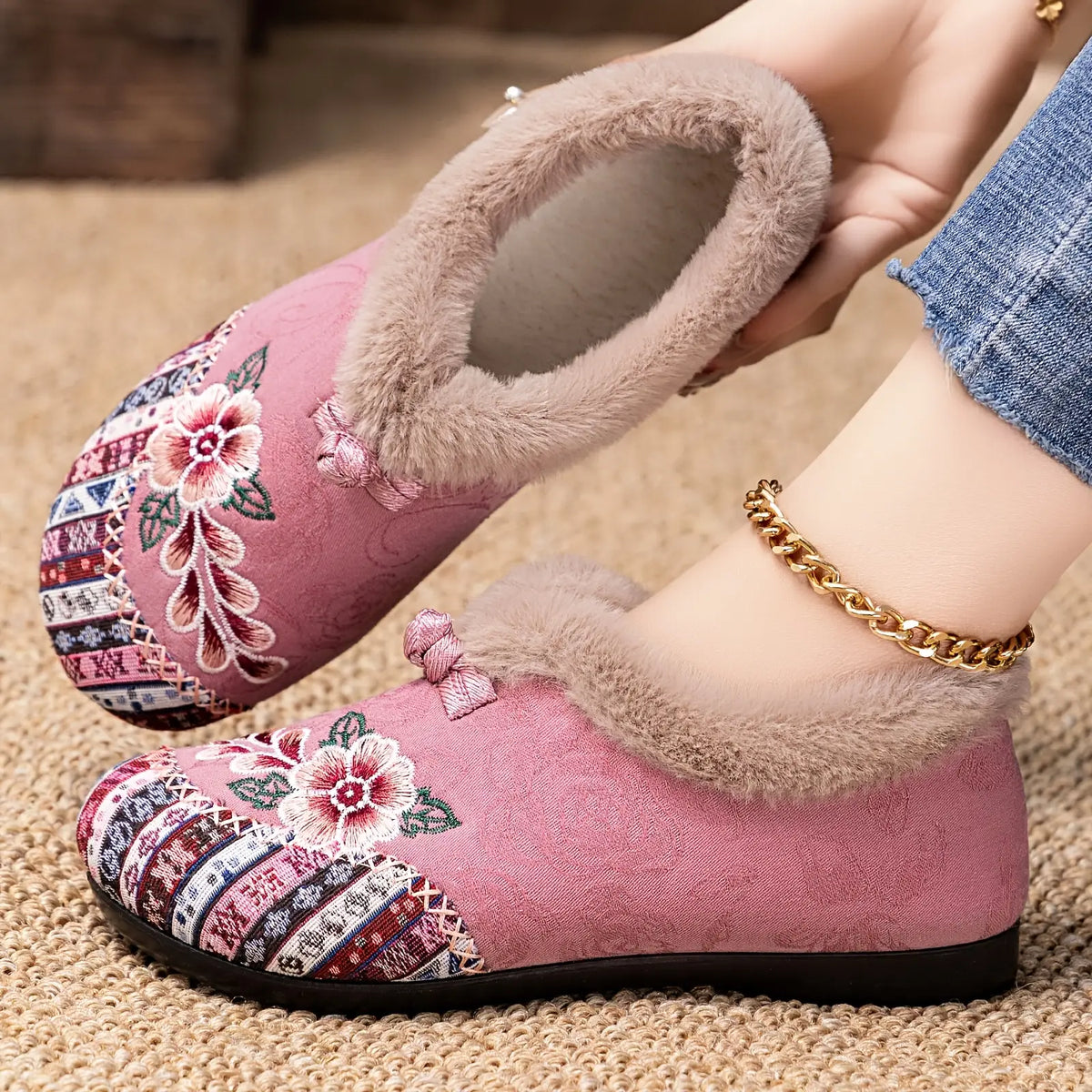 Women’s Winter Ankle Floral Embroidered Shoes