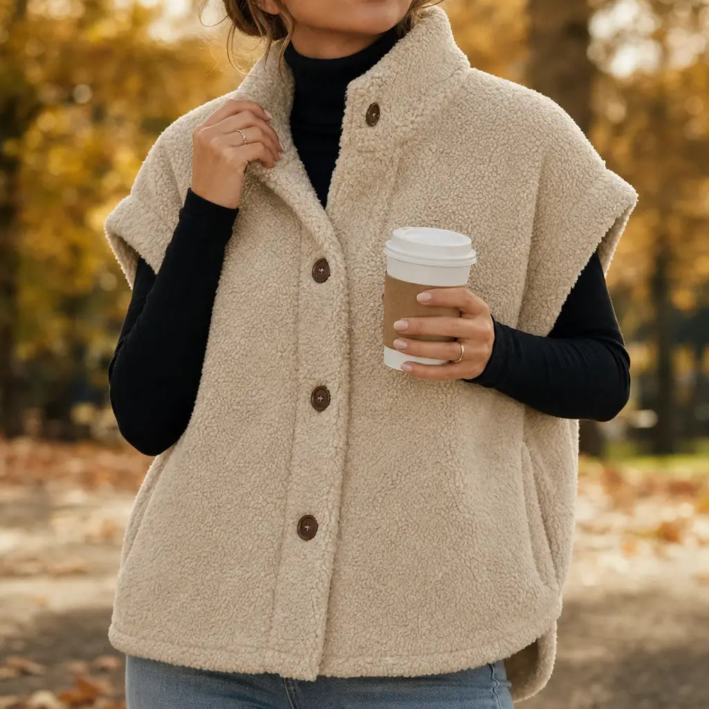 Womens Warm Button Down Sherpa Fleece-Look Vest
