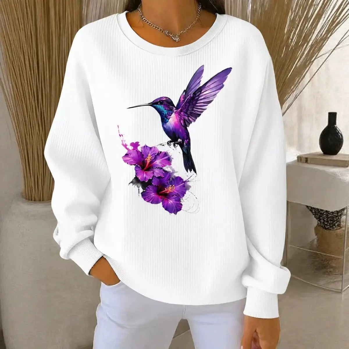 Women's Hummingbird Flower Art Print Casual Sweatshirt