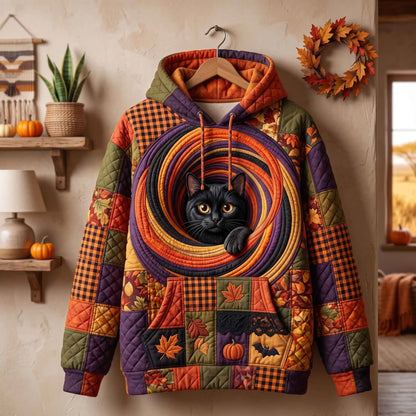 Fall Black Cat Quilted Casual Hoodie