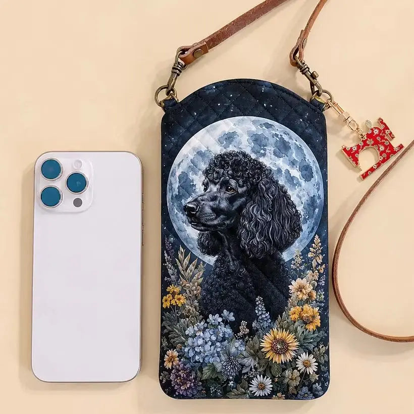 Black Poodle Moon Quilted Slim Phone Crossbody Bag