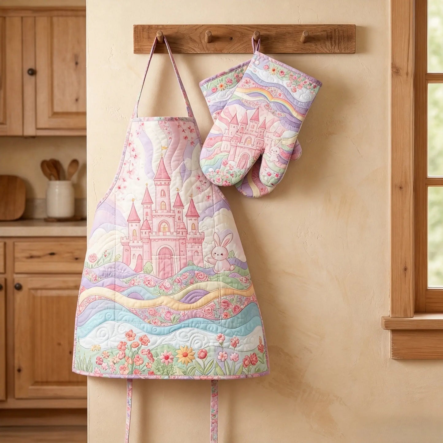 Fairy Castle Bunny Rainbow Quilted Apron Set (2-Piece) – Padded Apron + Heat-Resistant Oven Mitts