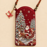 Santa Sleigh Reindeer Christmas Tree Quilted Slim Phone Crossbody Bag