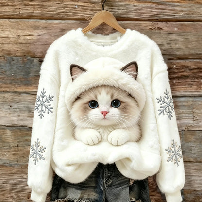 Cat Pocket Snowflake Cozy Plush Sweatshirt
