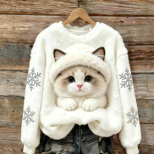 Cat Pocket Snowflake Cozy Plush Sweatshirt