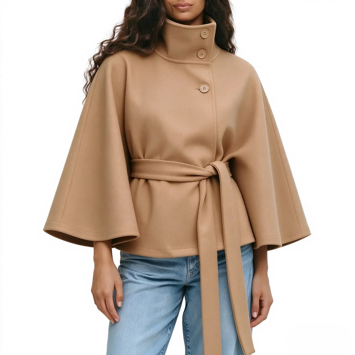 Women's Mandarin Collar Coat with Slanted Button Row
