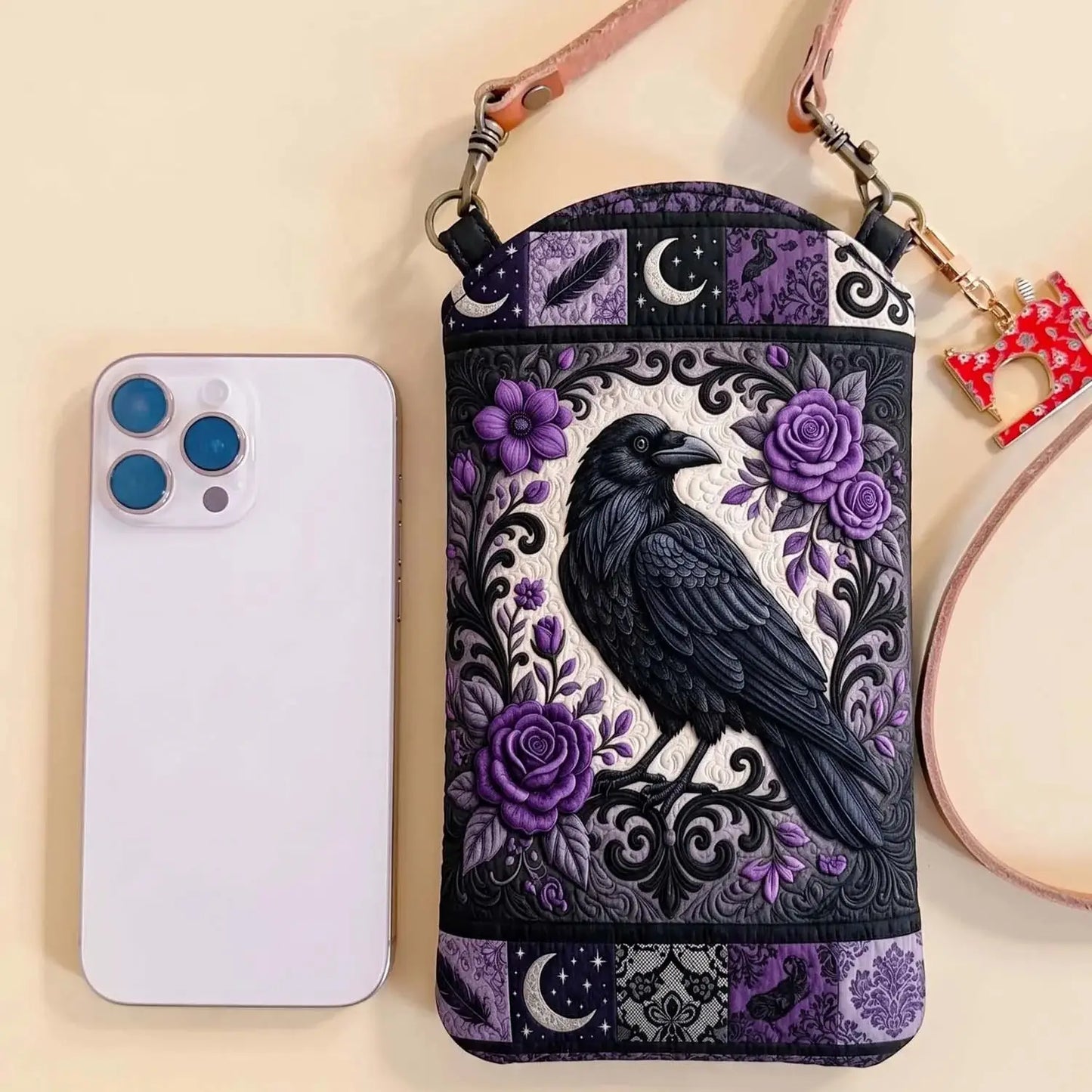 Raven And Flower Quilted Slim Phone Crossbody Bag