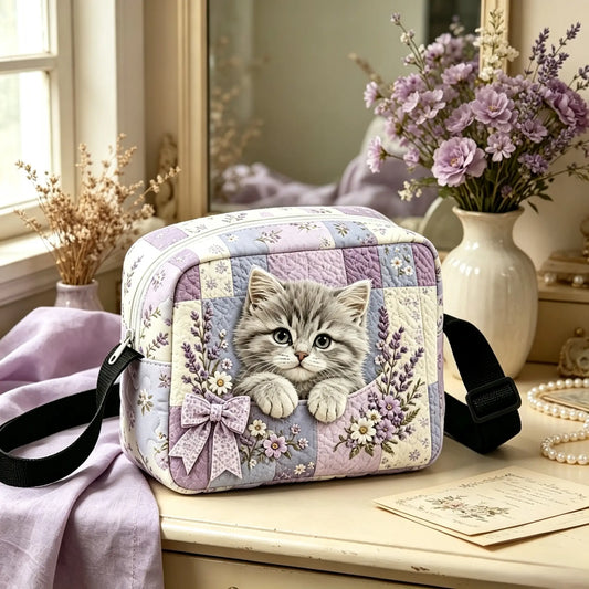 Cute Grey Cat Lavender Quilted Crossbody Bag