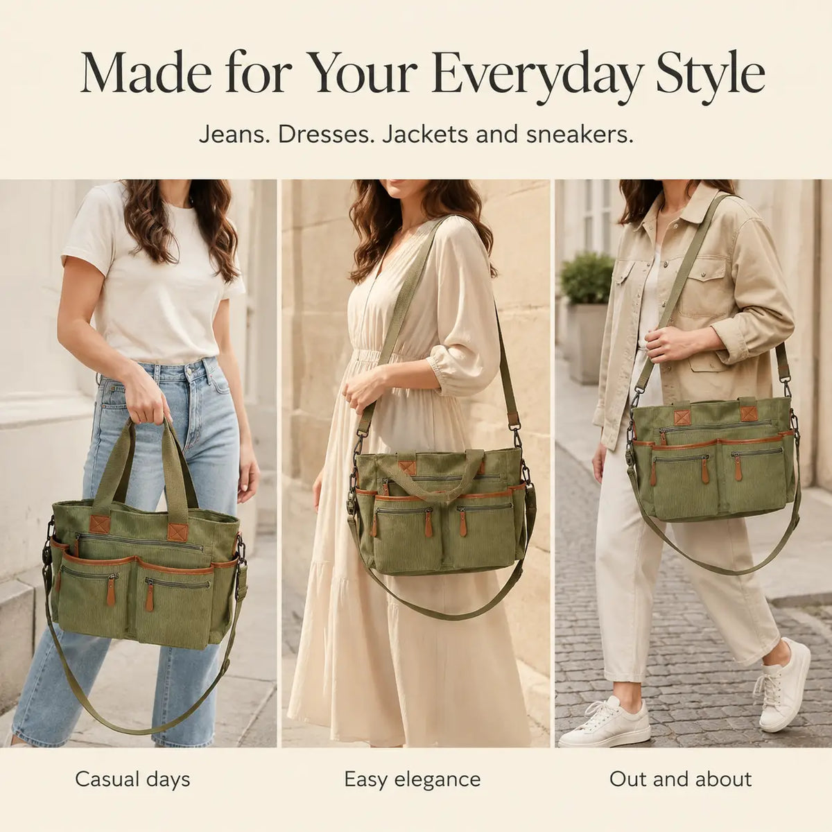 Corduroy Multi-Pocket Convertible Tote Bag