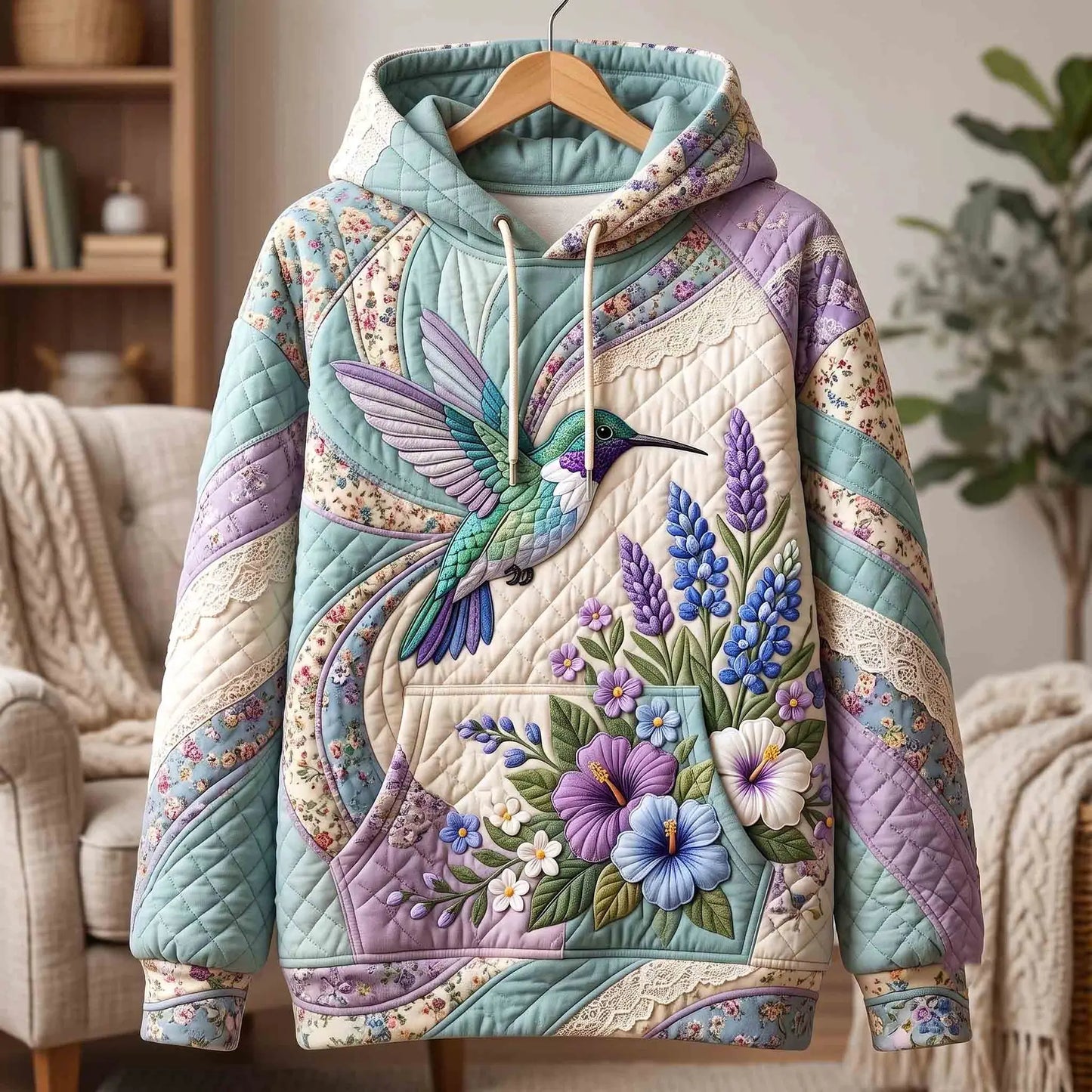 Hummingbird Floral Lace Quilted Casual Hoodie