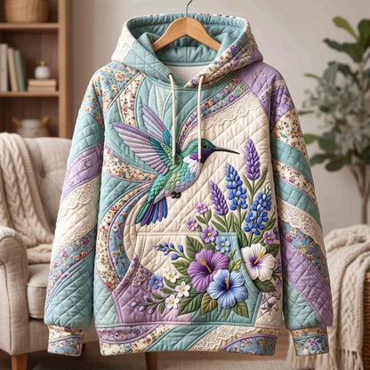 Hummingbird Floral Lace Quilted Casual Hoodie