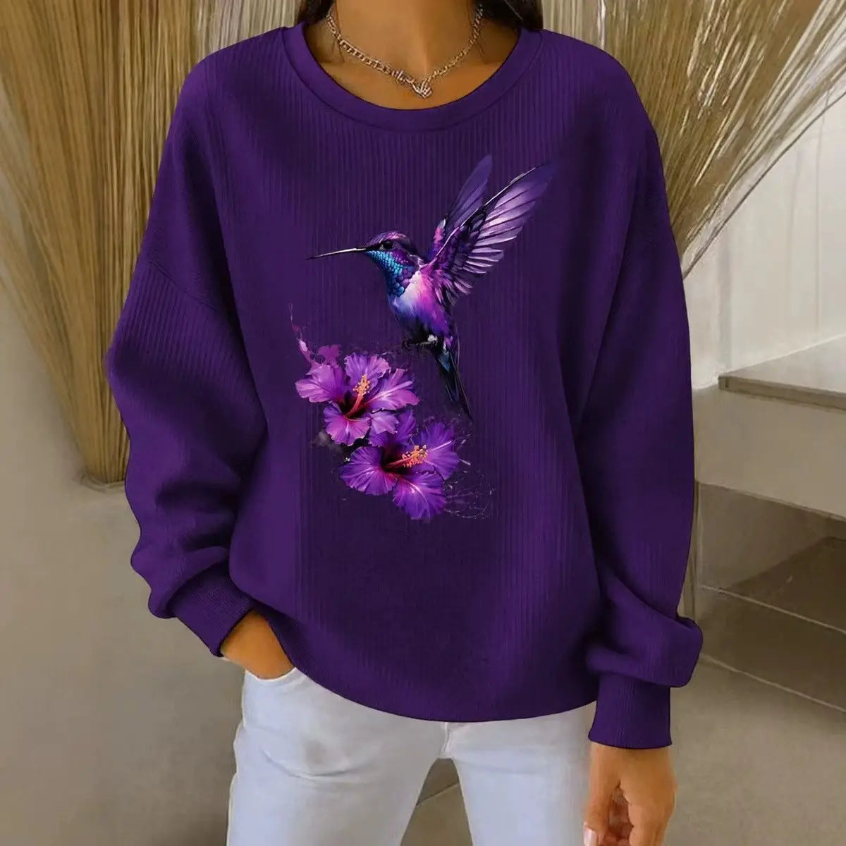 Women's Hummingbird Flower Art Print Casual Sweatshirt