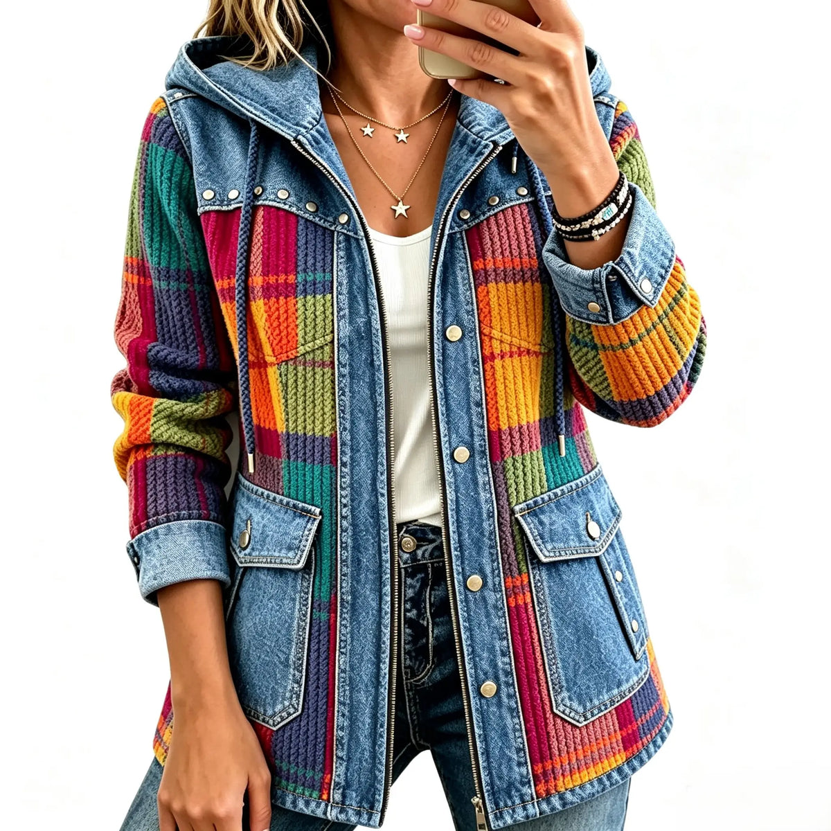 Women's Denim Jackets Long Hooded Patchwork Zip Up Jacket