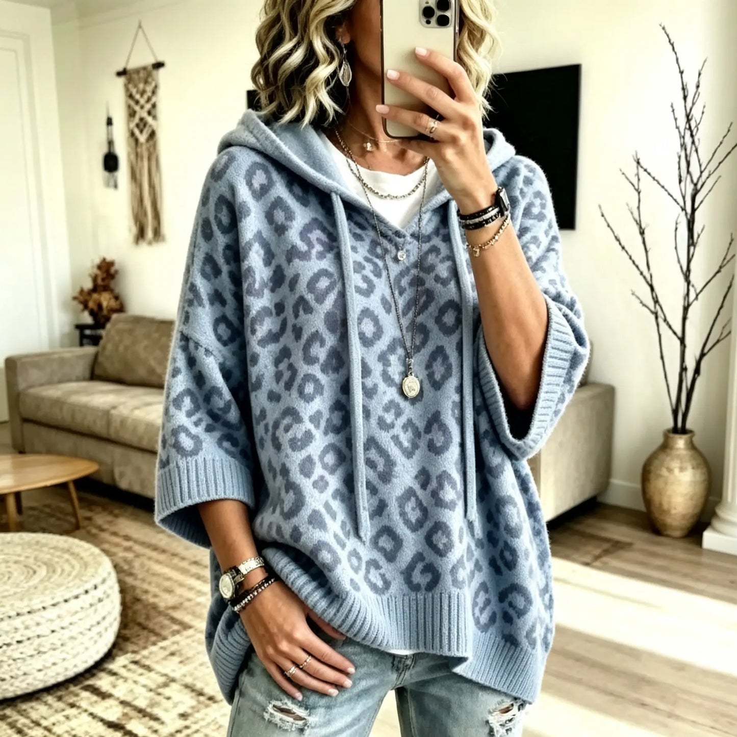 Comfortable And Casual Leopard-print Knitted Hoodie
