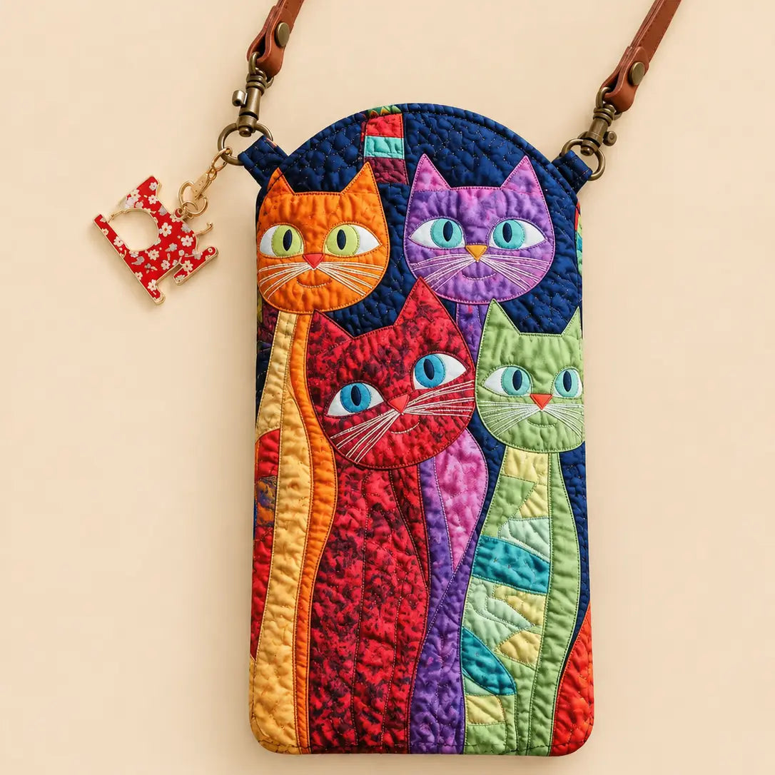 Four Bright Cats Quilted Slim Phone Crossbody Bag