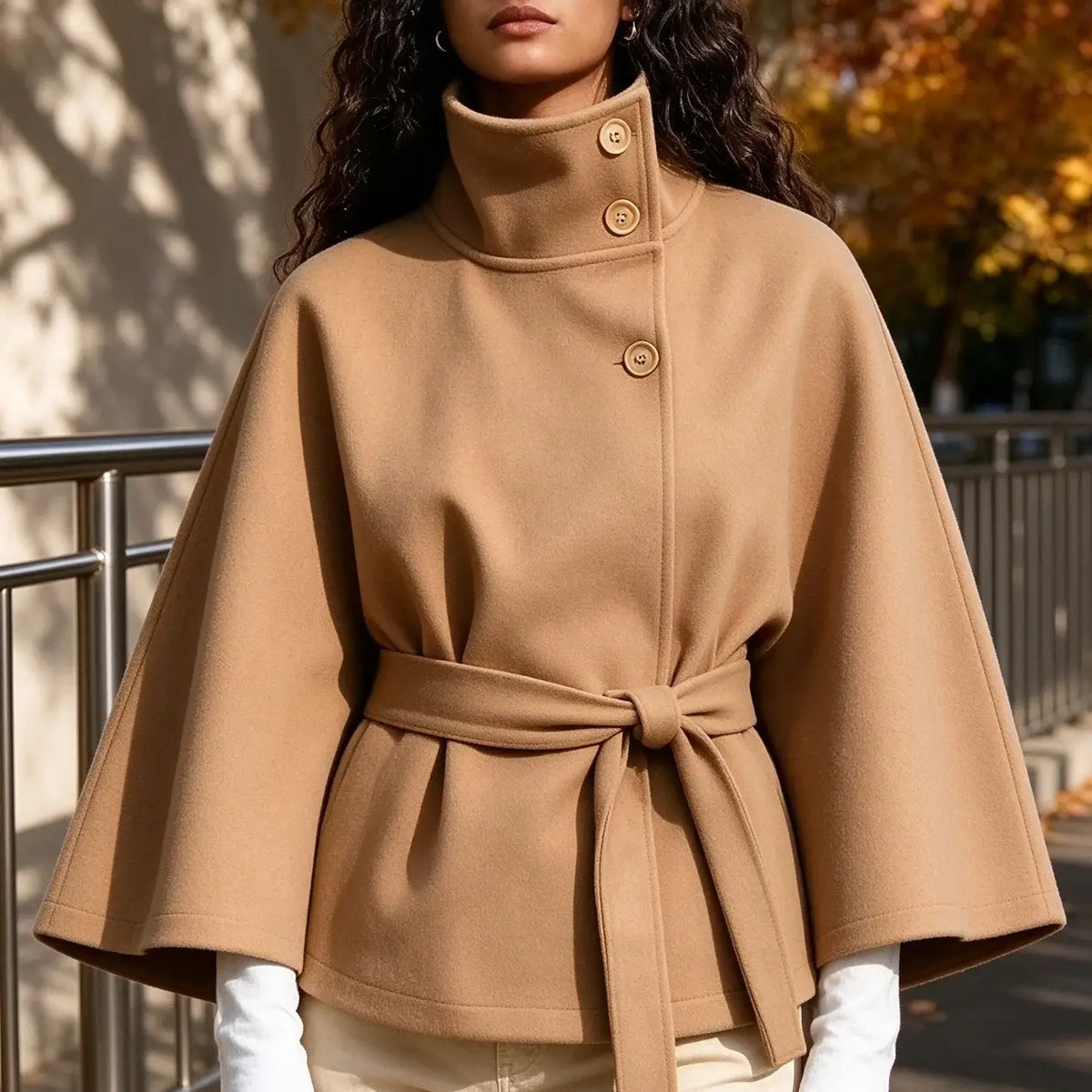 Women's Mandarin Collar Coat with Slanted Button Row