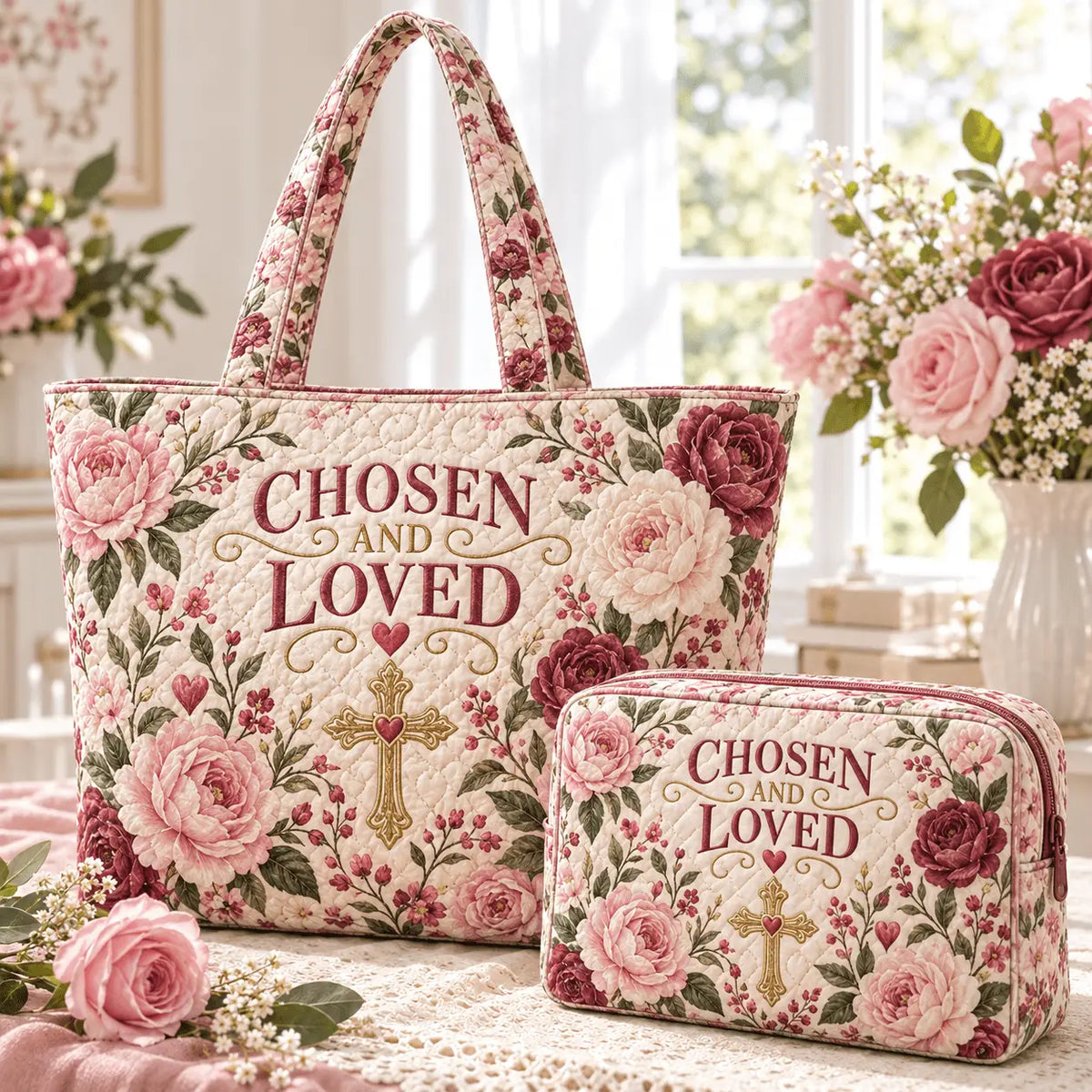 2pcs Chosen And Loved Cross Quilted Tote Bag Set