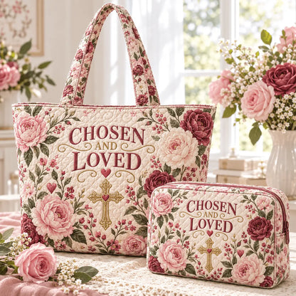 2pcs Chosen And Loved Cross Quilted Tote Bag Set
