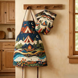 Mountain Camping Night Rainbow Quilted Apron Set (2-Piece) – Padded Apron + Heat-Resistant Oven Mitts