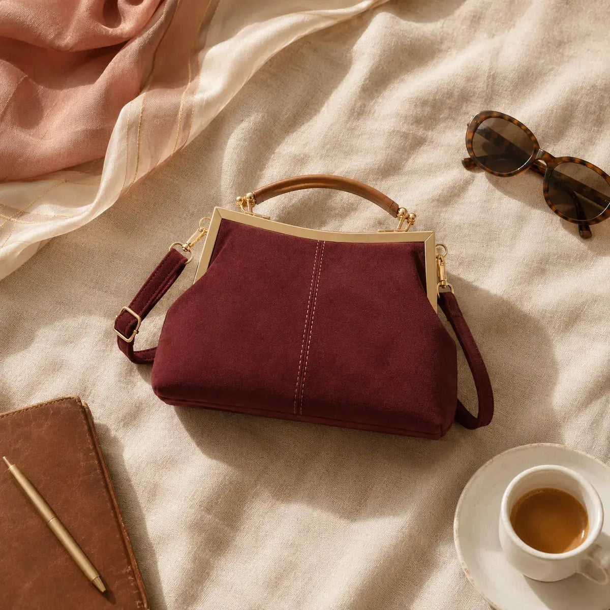 Women's Suede Structured Top Frame Crossbody Bag
