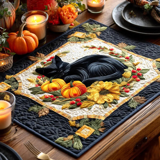 Sleeping Black Cat Autumn Quilted Place Mat