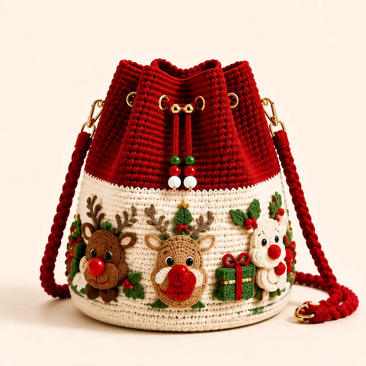 🎄3D Crochet Christmas Bucket Bag✨Festive Crossbody Purse with Detachable Strap