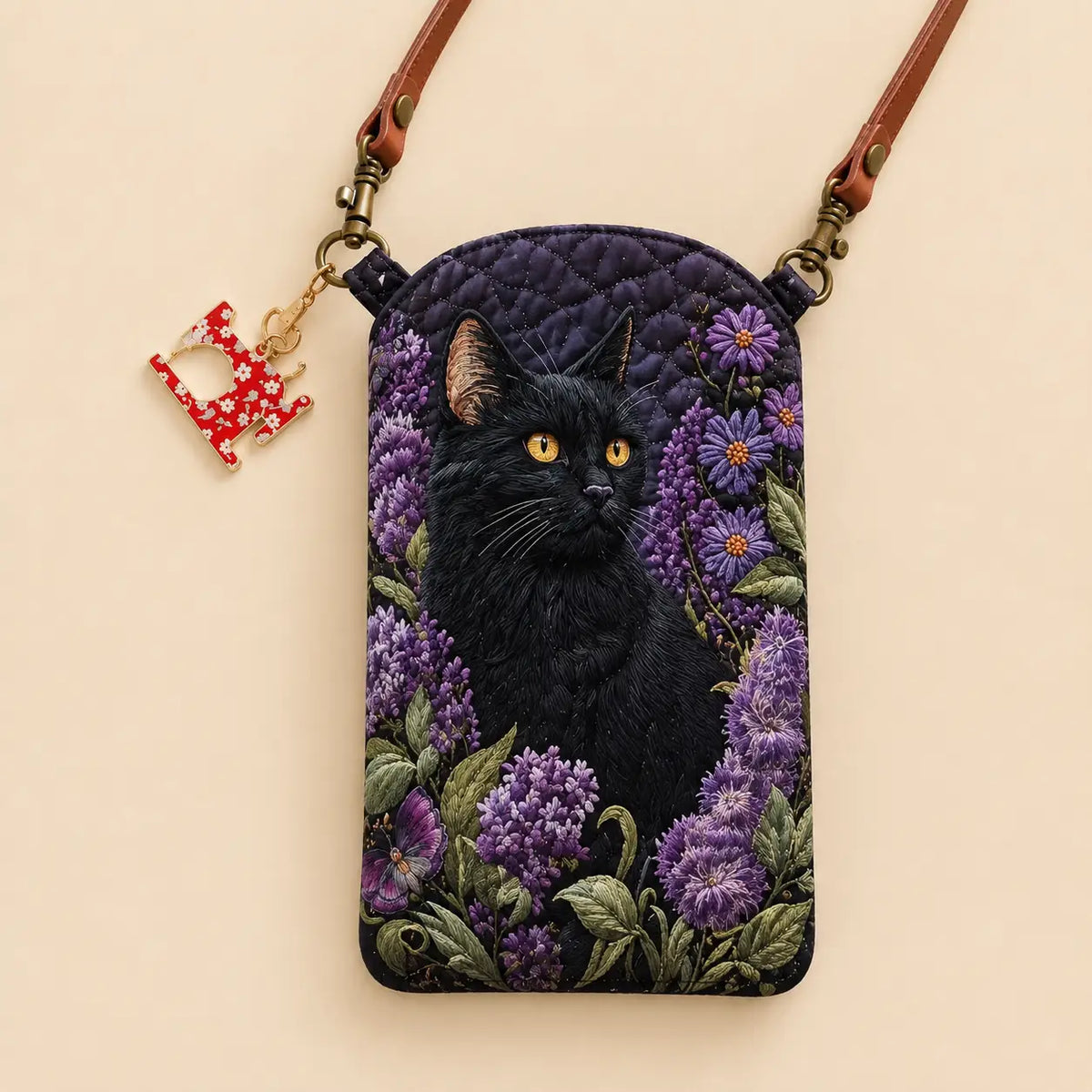Black Cat Purple Flower Garden Quilted Slim Phone Crossbody Bag