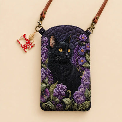 Black Cat Purple Flower Garden Quilted Slim Phone Crossbody Bag