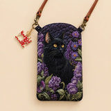 Black Cat Purple Flower Garden Quilted Slim Phone Crossbody Bag