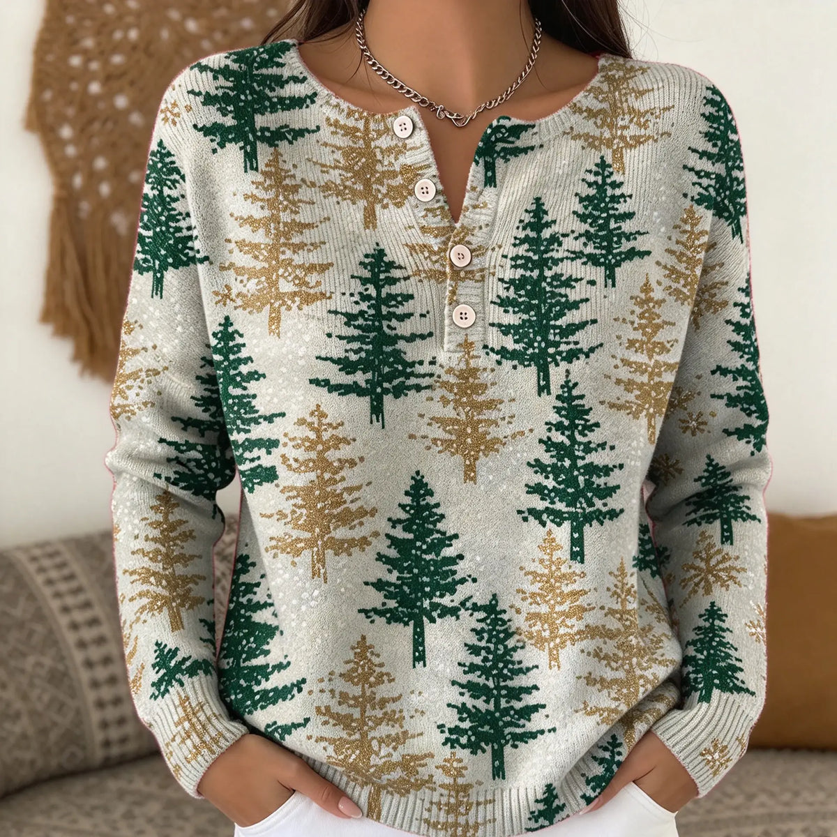 Christmas Retro 3D Digital Print Polo Sweatshirt With Buttons