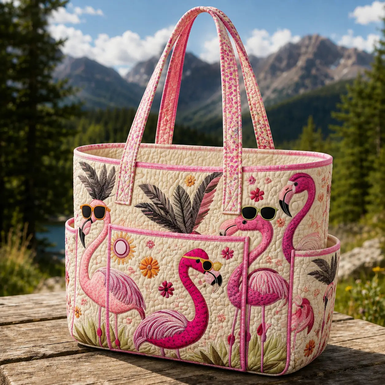 Cute Sunglasses Flamingo Multiple Pockets Quilted Tote Bag