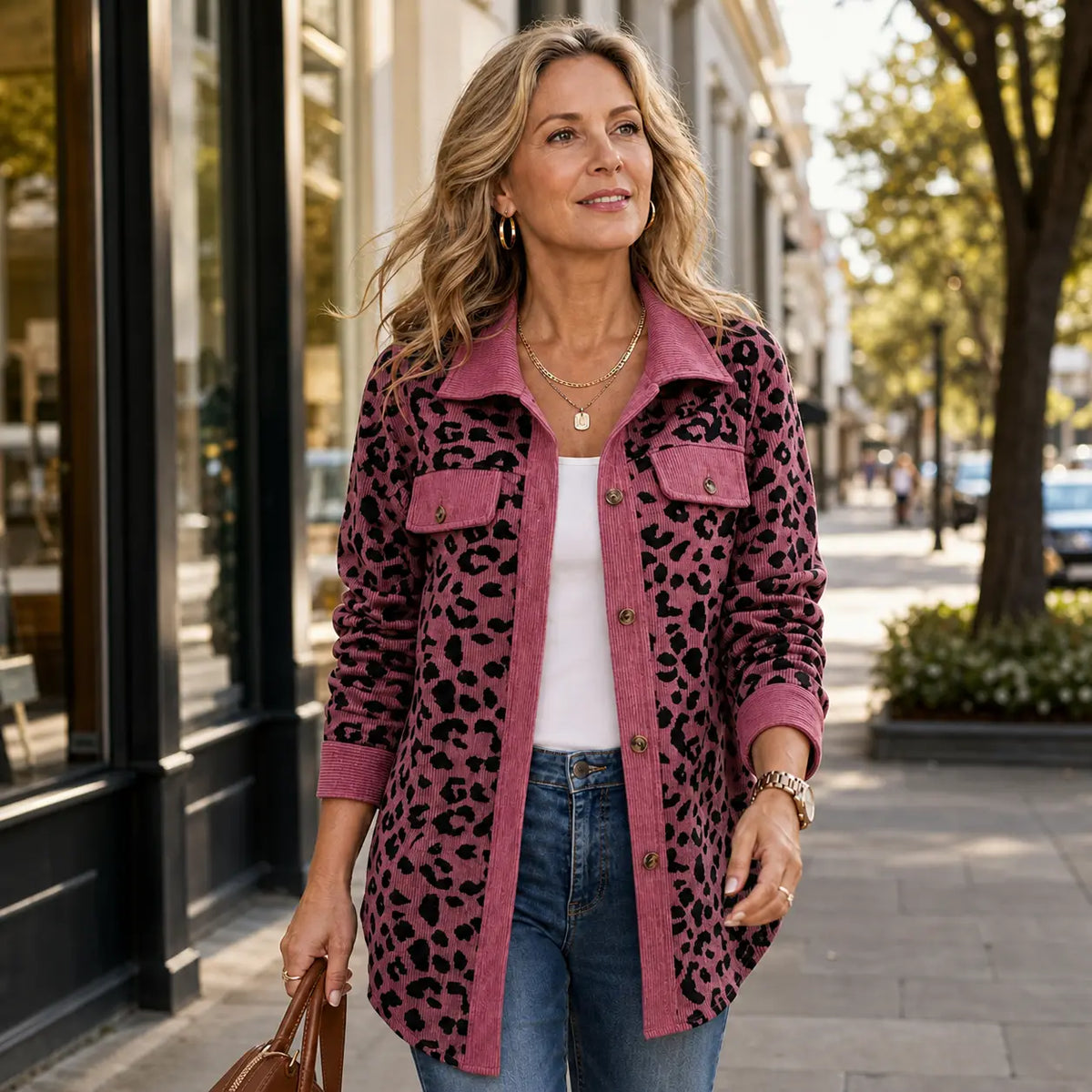 Contrast Rib Collar Leopard Print Corduroy Long Sleeve Shirt Jacket