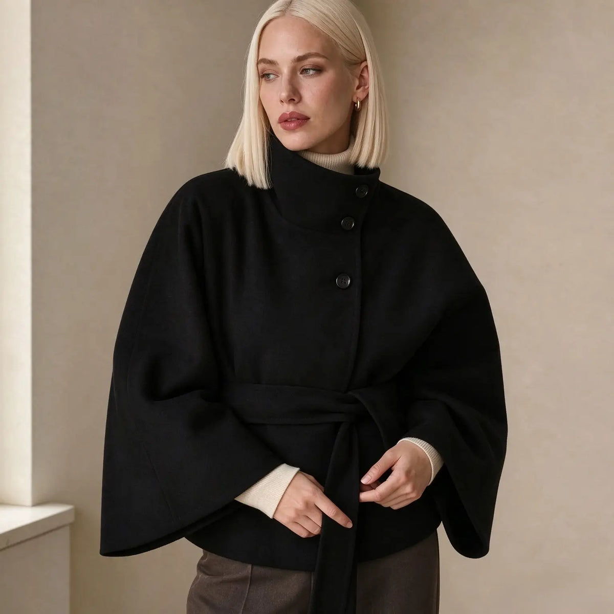 Women's Mandarin Collar Coat with Slanted Button Row