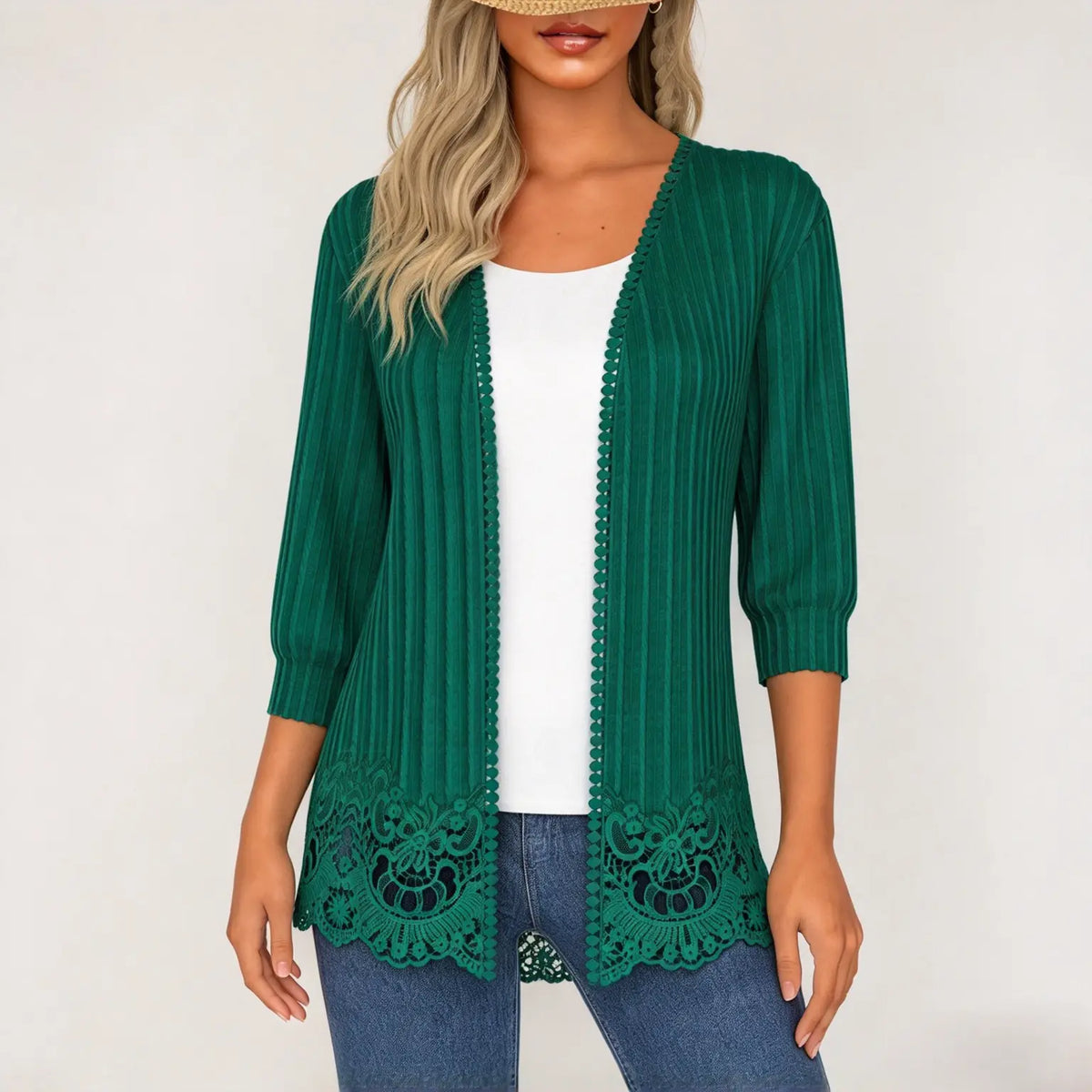 Women's Crochet Lace Trim Open-Front Cardigan