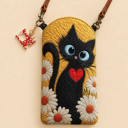 Black Cat Daisy Flower Quilted Slim Phone Crossbody Bag