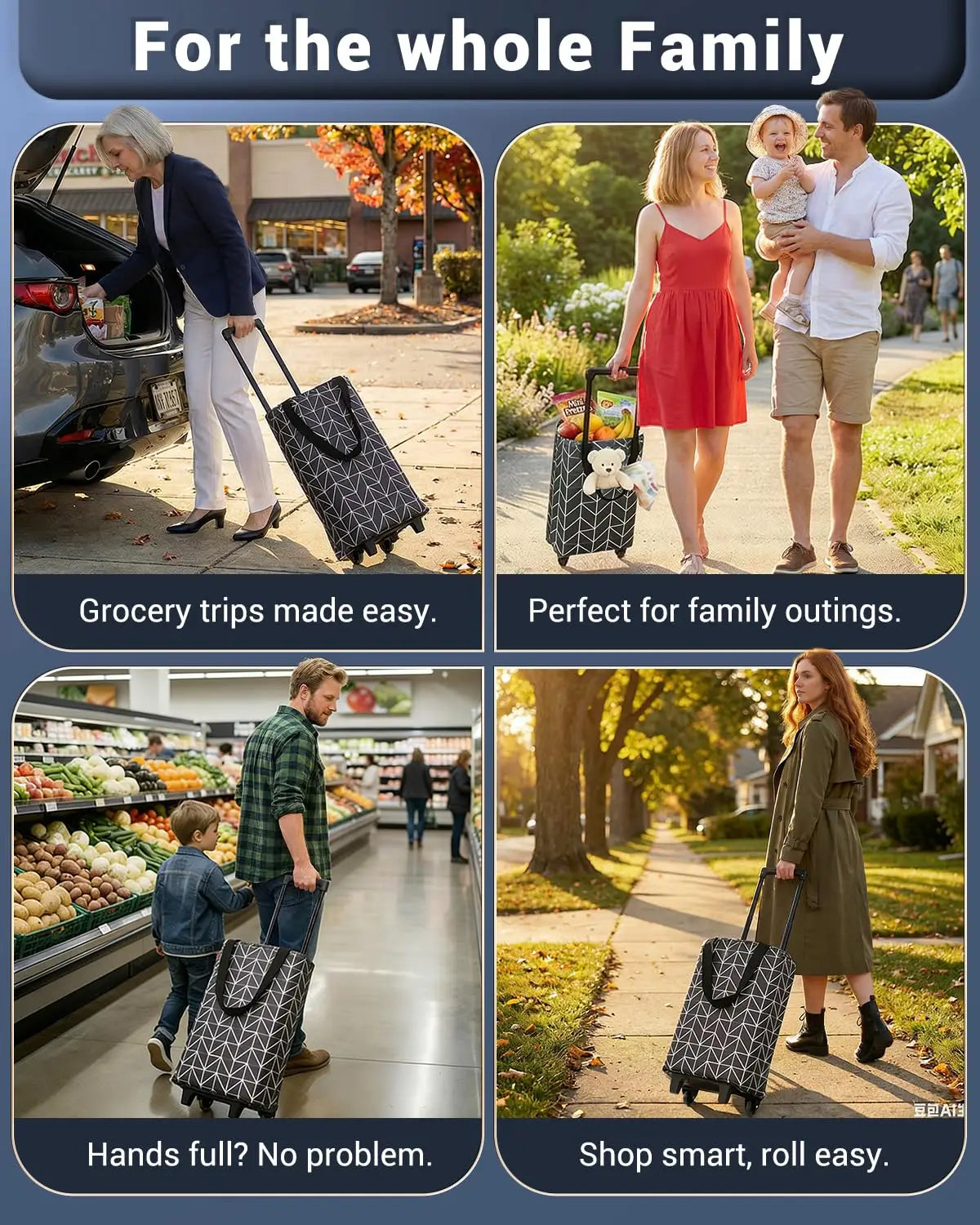 2-in-1 Folding Oxford Shopping Cart with 360° Swivel Wheels