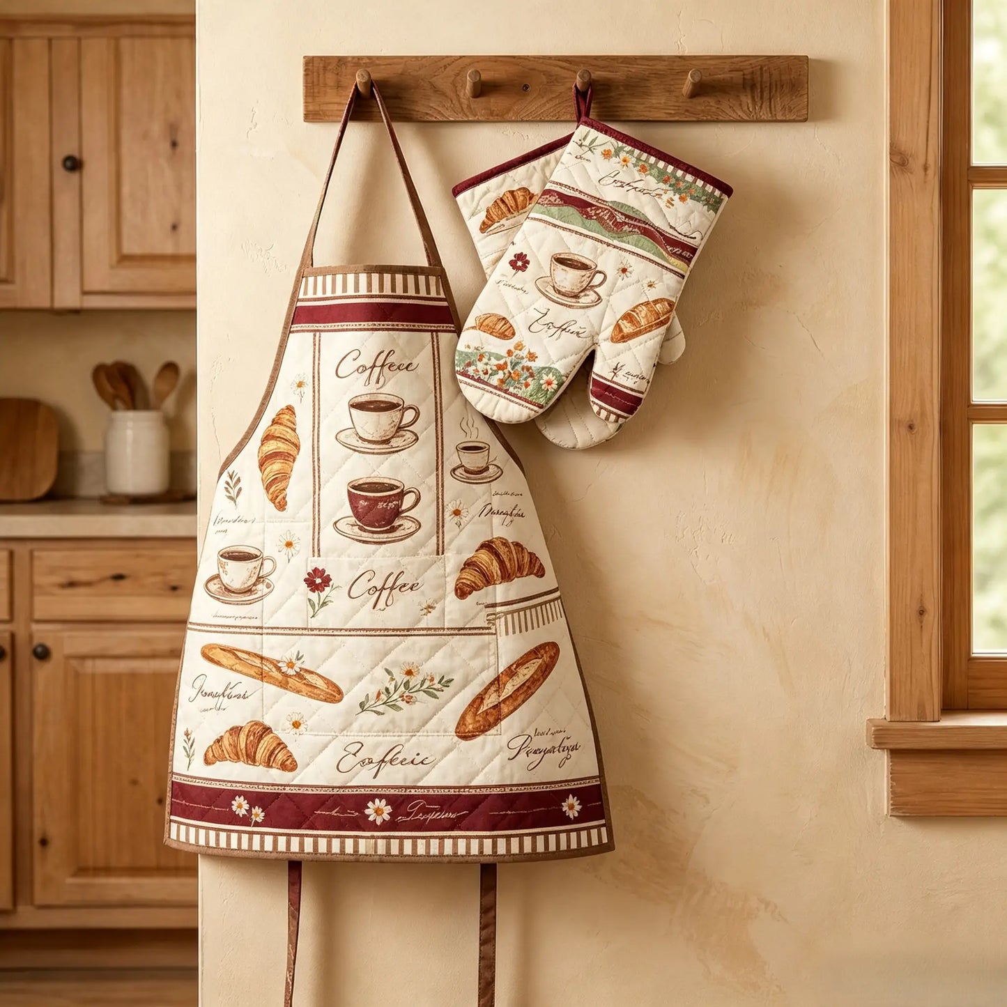Coffee & Croissant Bakery Quilted Apron Set (2-Piece) – Padded Apron + Heat-Resistant Oven Mitts