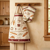 Coffee & Croissant Bakery Quilted Apron Set (2-Piece) – Padded Apron + Heat-Resistant Oven Mitts