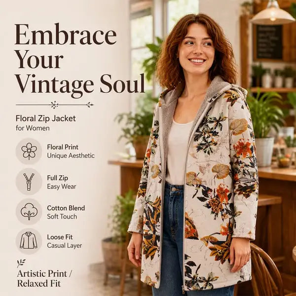 💖Women's Vintage Leaf Print Hooded Coat