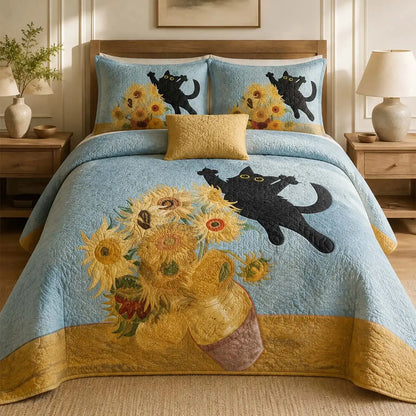 Black Cat Sunflower Garden Quilted Bedding Set