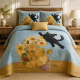 Black Cat Sunflower Garden Quilted Bedding Set