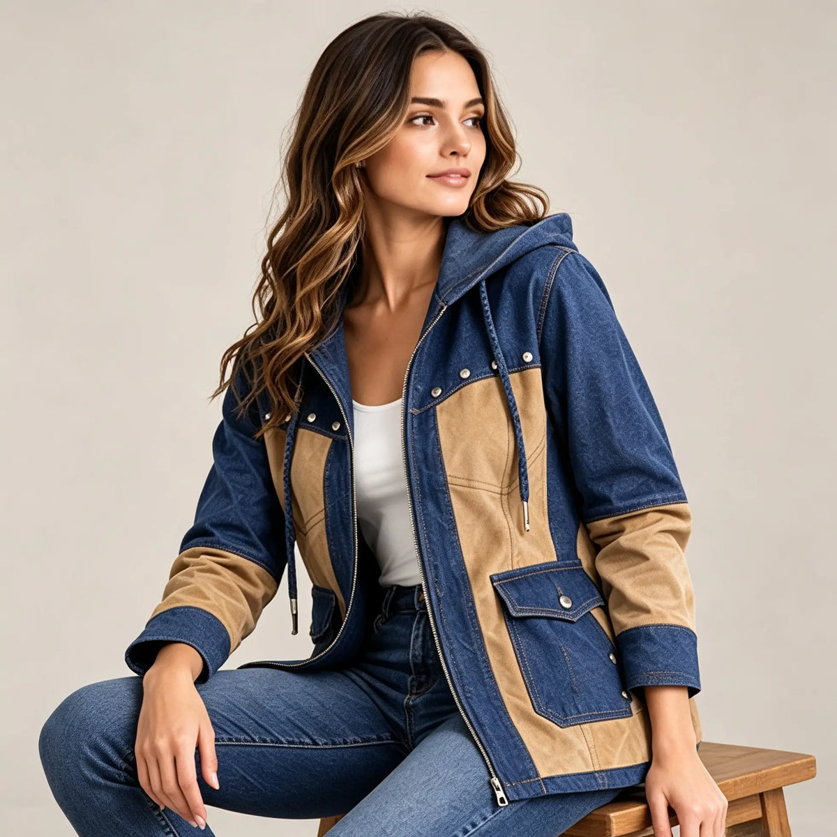 Women's Denim Jackets Long Hooded Patchwork Zip Up Jacket