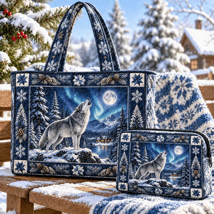 2pcs Wolf And Moon Quilted Tote Bag Set