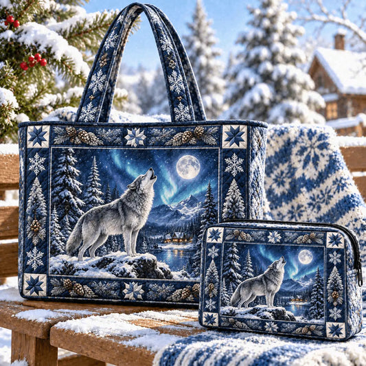 2pcs Wolf And Moon Quilted Tote Bag Set