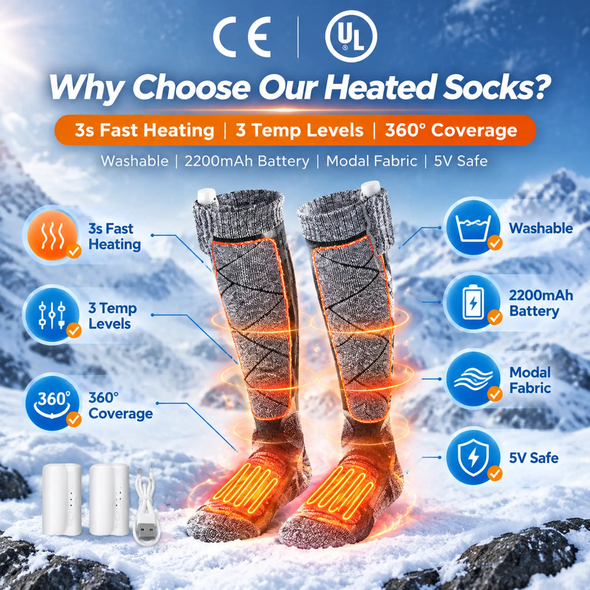 Heated Thermal Socks With Three Adjustable Temperature Settings