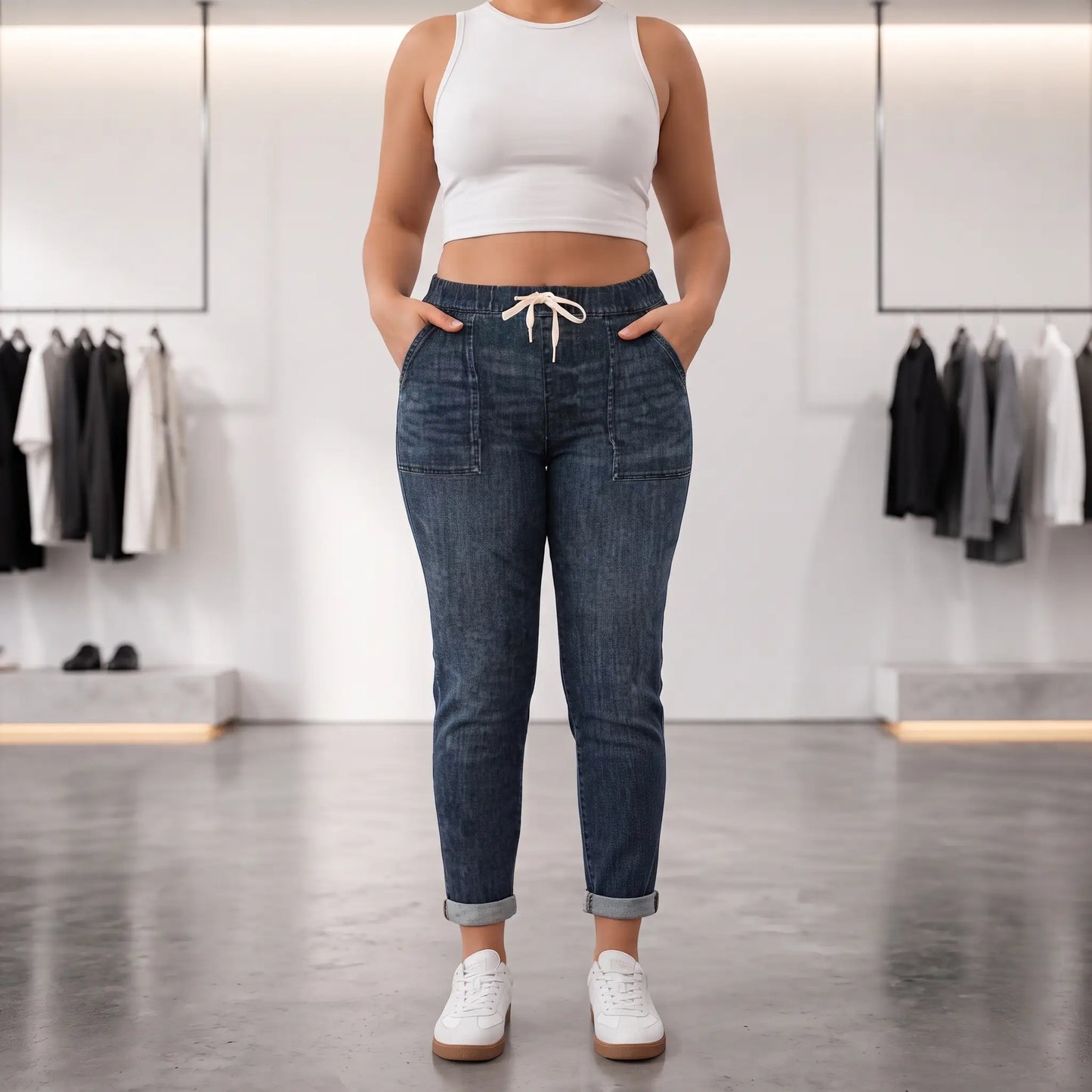 Drawstring Waist Tapered Leg Denim Joggers