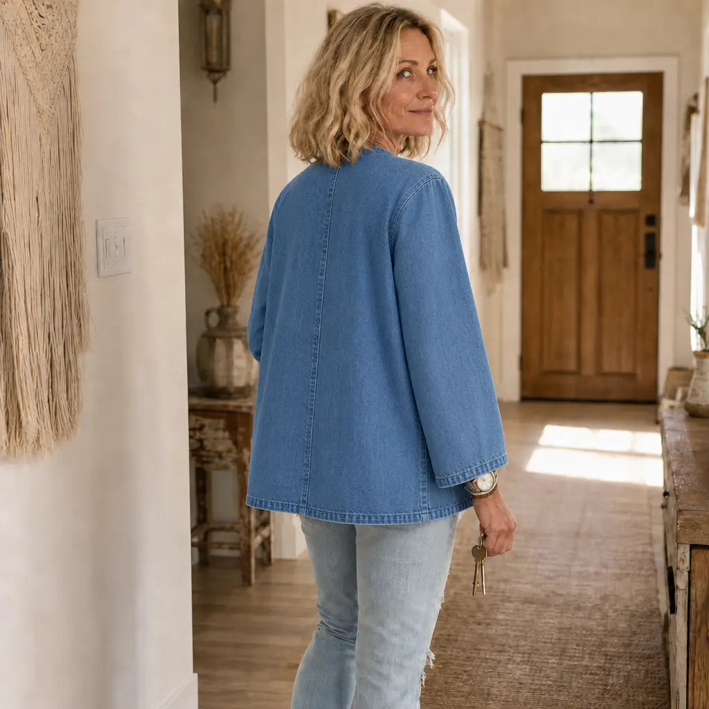 Collarless Soft-Denim-Look Button-Down Cardigan