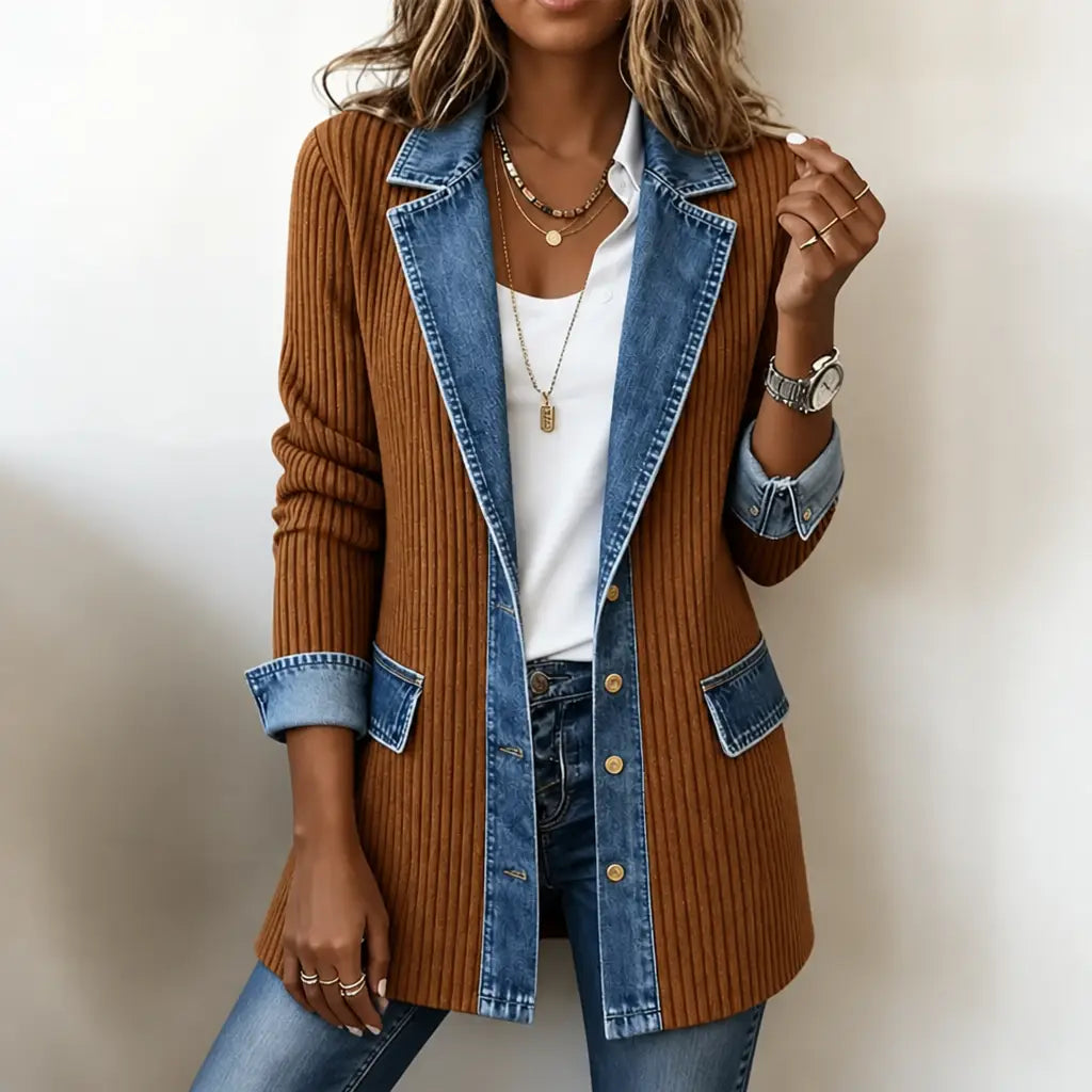 Women's Contrast Trim Collared Button Front Ribbed Knit Jacket