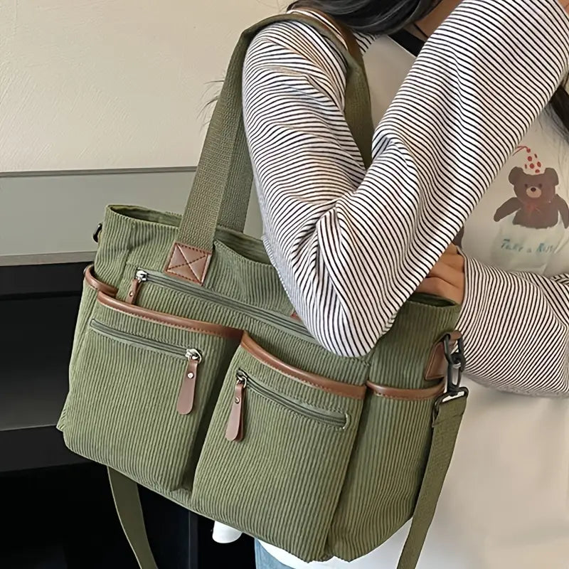 Corduroy Multi-Pocket Convertible Tote Bag