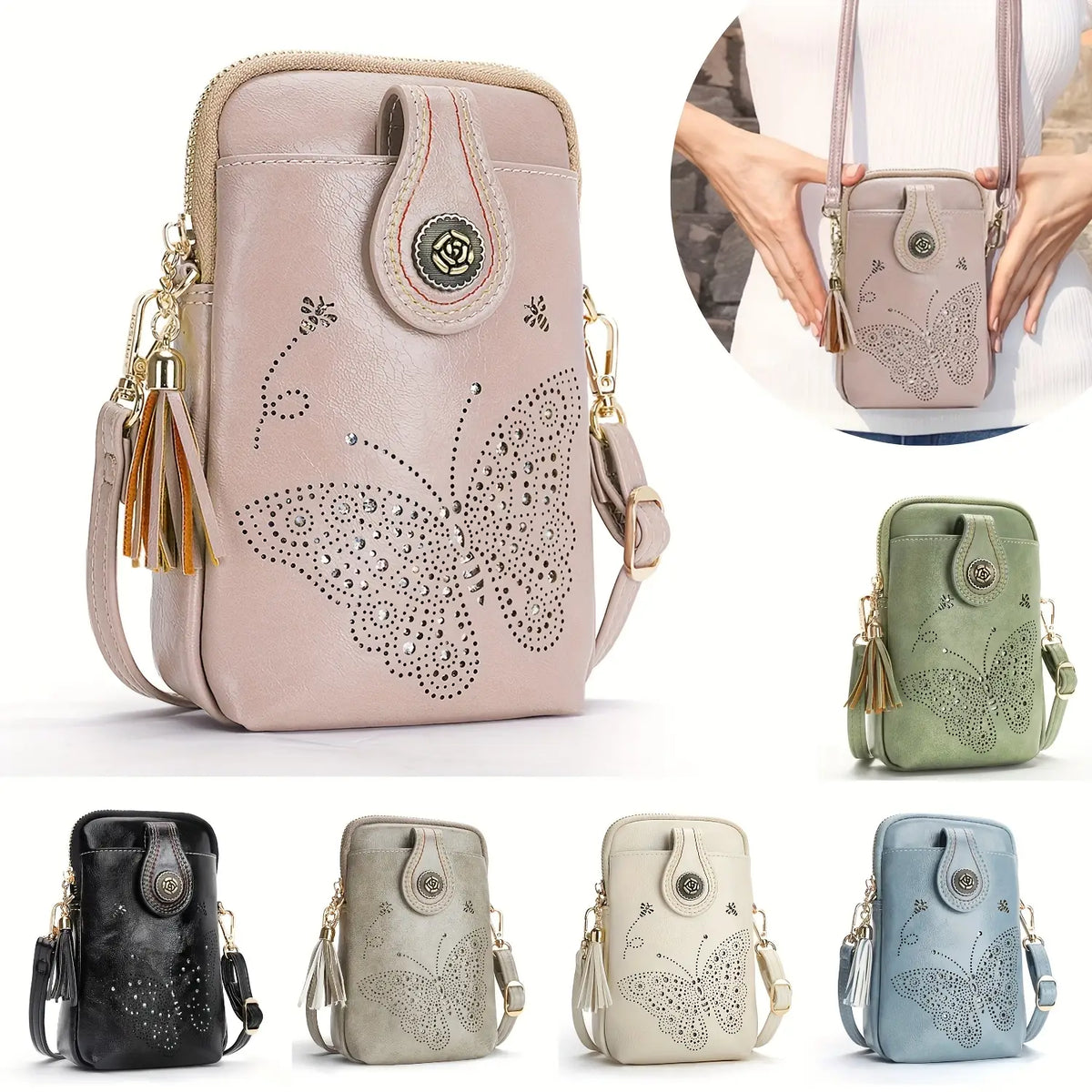 PU Small Openwork Carving Lightweight Crossbody Phone Bag